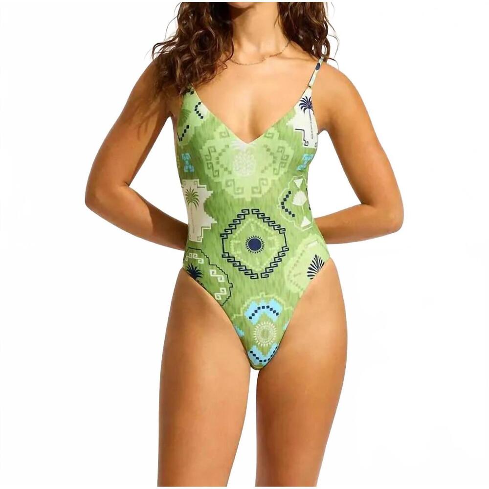 NEW SEAFOLLY kasbah v neck one piece in green